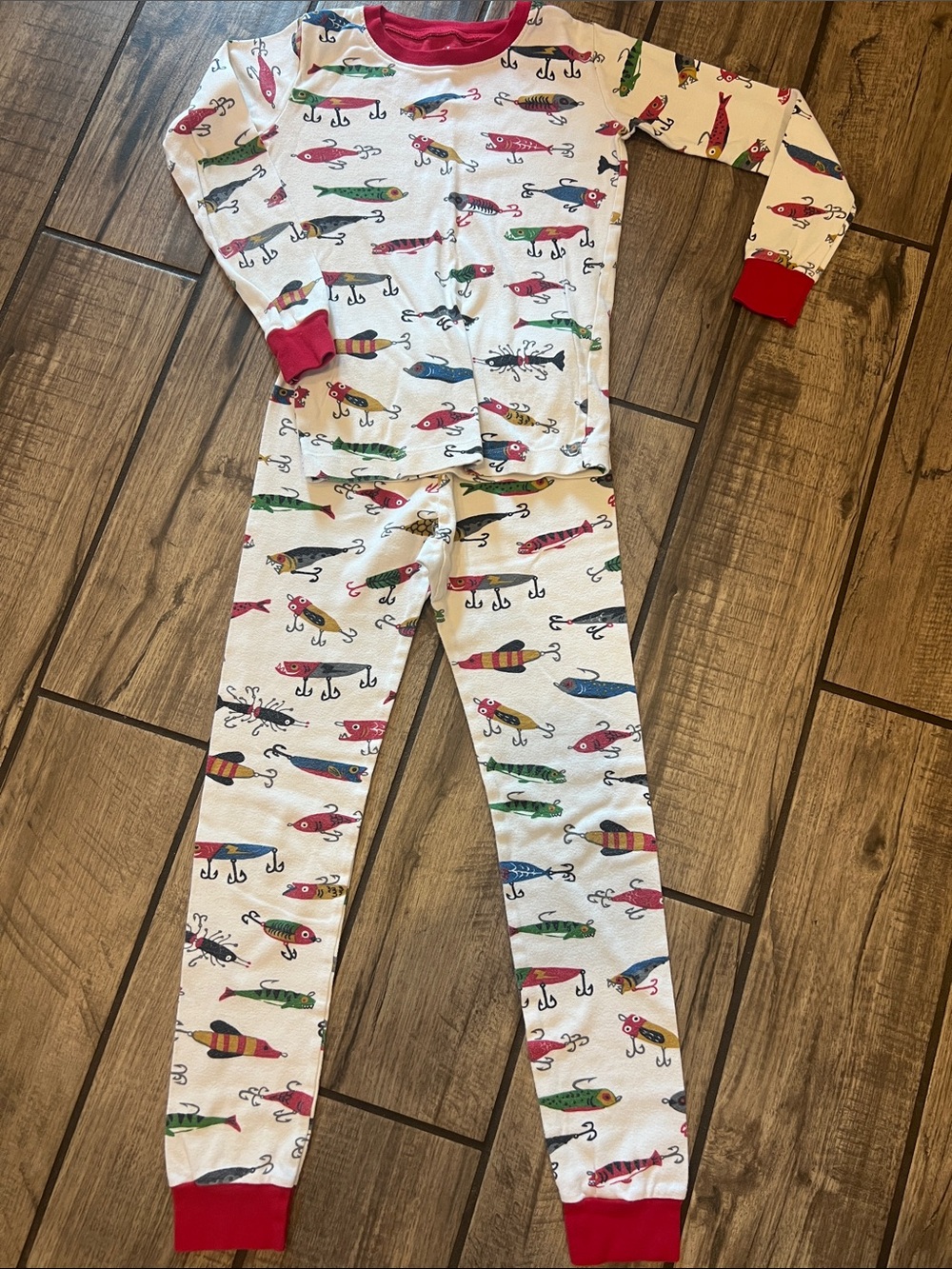 Hatley Kids White Pajama Set with Red Trim and Multicolor Fish Lure Print